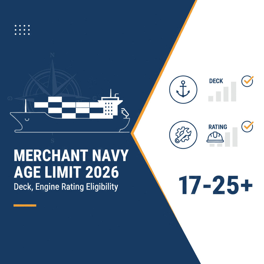 Merchant Navy age limit 2026 for deck and engine ratings. Eligibility for ages 17-25+ in the merchan.